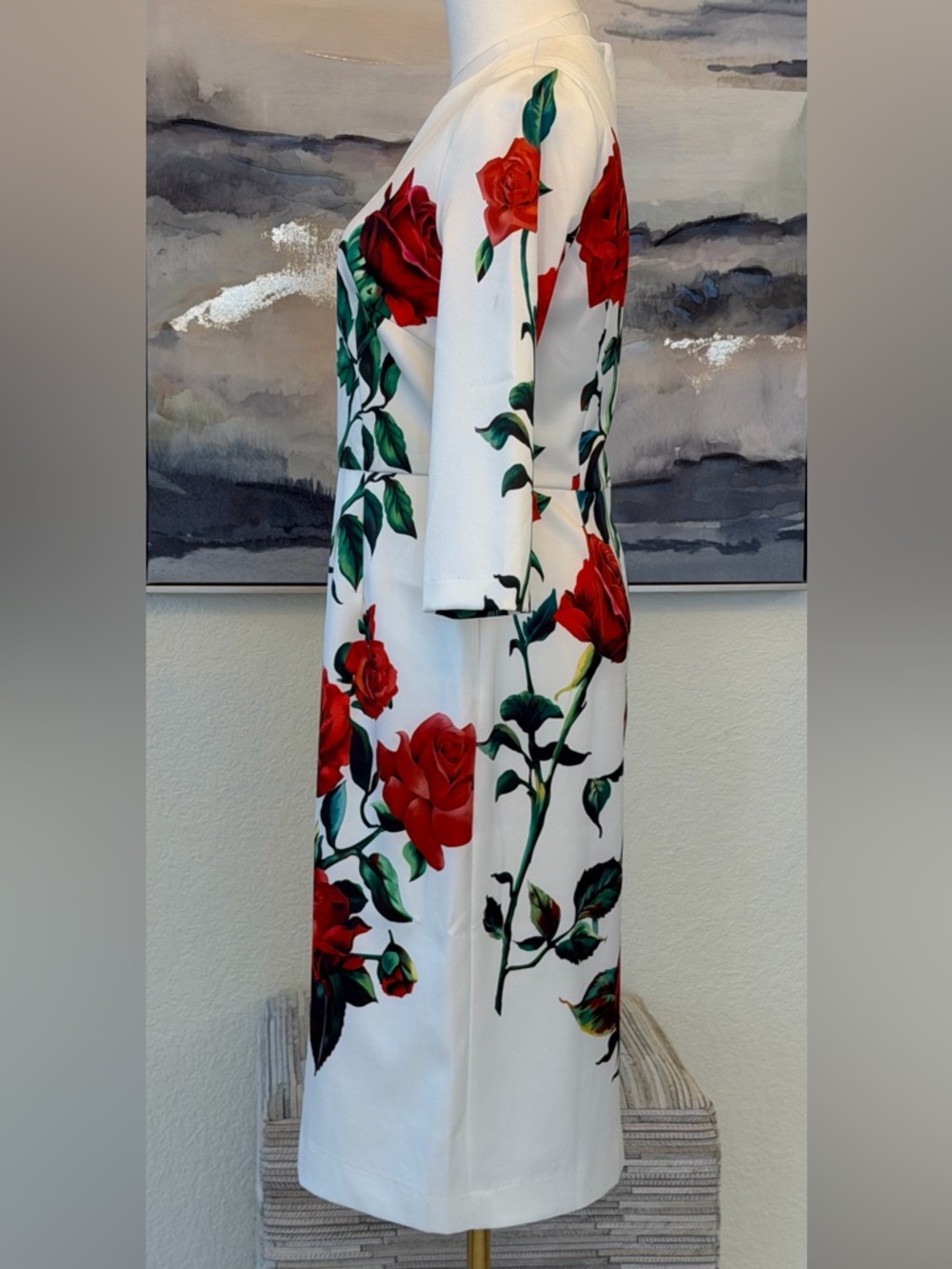 White Sheath Dress Red Rose Print Elegant Floral Midi - Designer Inspired - Picture 3 of 16